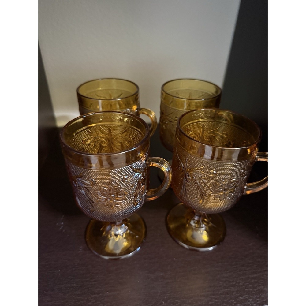 Tiara Indiana Glass Vintage 4 Amber 8 oz Footed Coffee Cups Mugs 6"x3"